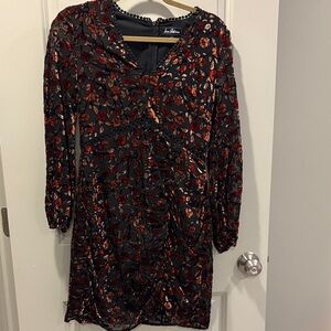 Sam Edelman Black and Red Rust Floral Long Sleeve Dress size 2